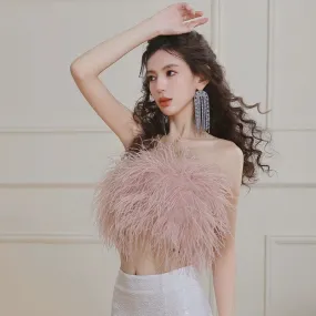 DOLLY Elegant Pink Fluffy Ostrich Feather Chic Tube Top-EMMA