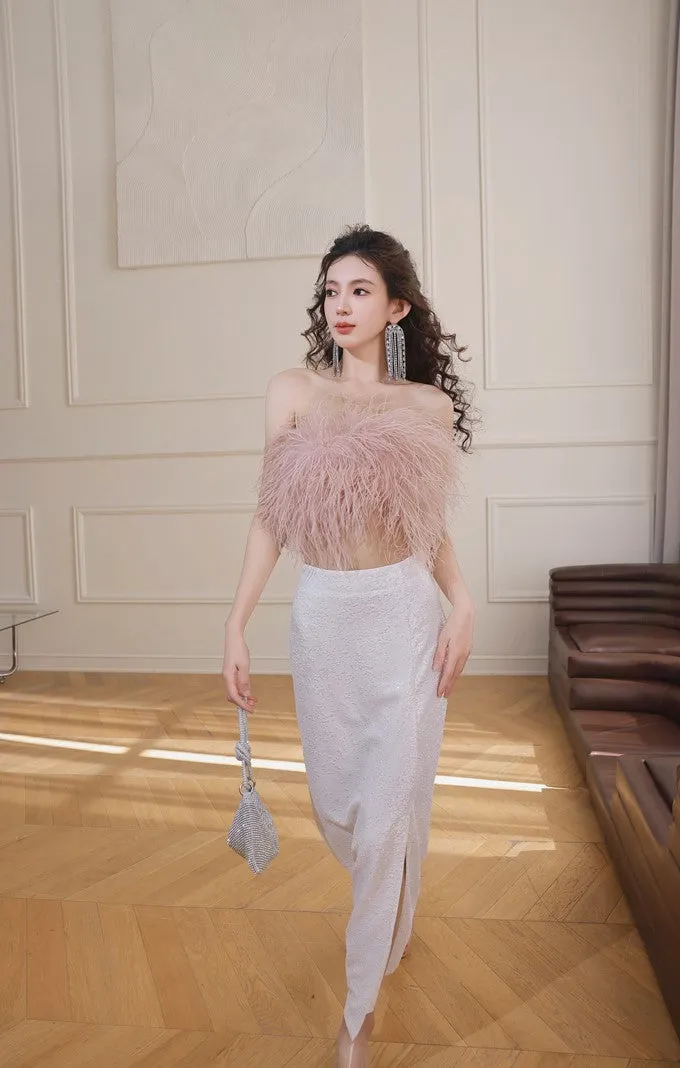 DOLLY Elegant Pink Fluffy Ostrich Feather Chic Tube Top-EMMA