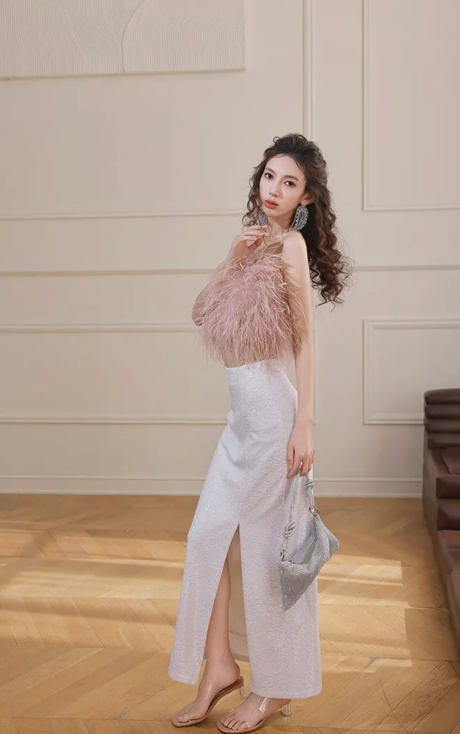 DOLLY Elegant Pink Fluffy Ostrich Feather Chic Tube Top-EMMA