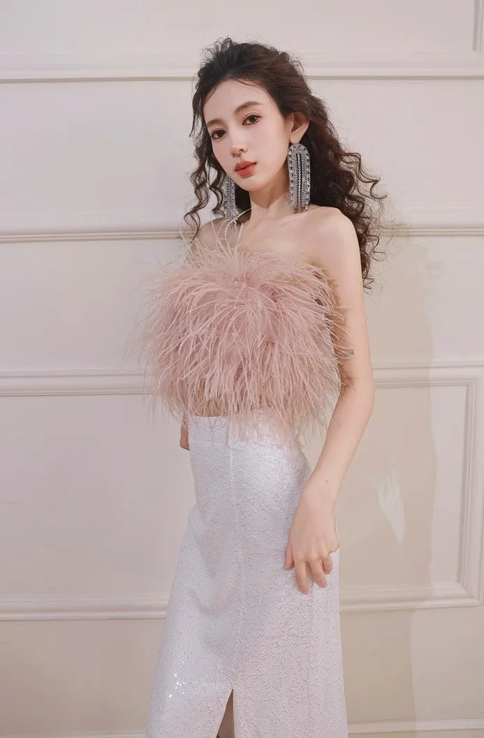 DOLLY Elegant Pink Fluffy Ostrich Feather Chic Tube Top-EMMA