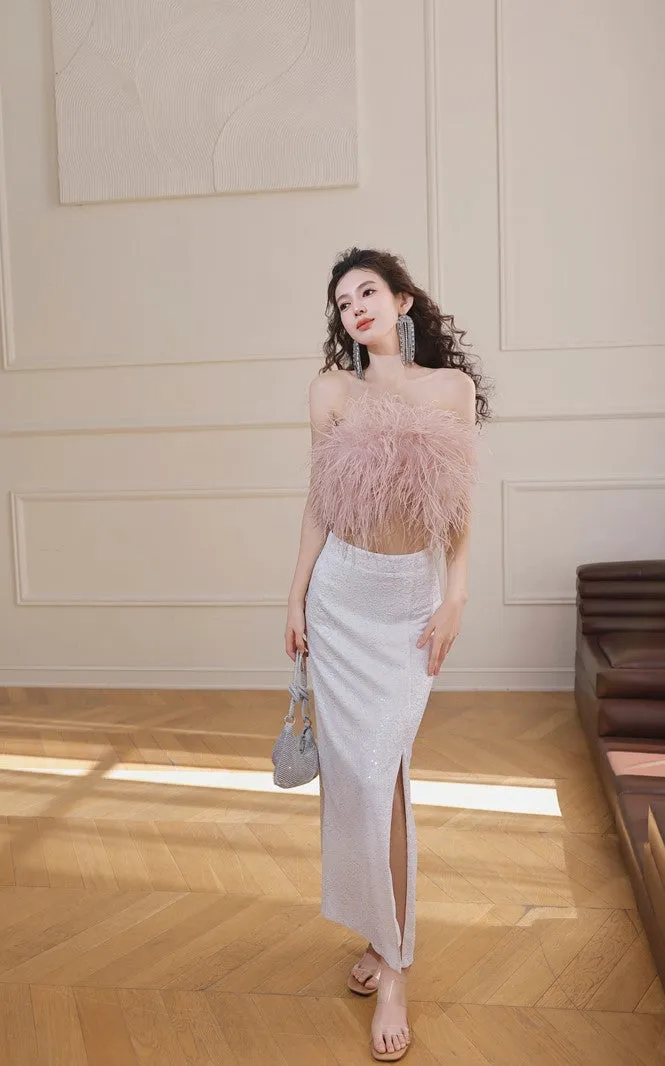 DOLLY Elegant Pink Fluffy Ostrich Feather Chic Tube Top-EMMA