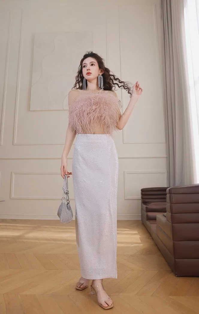 DOLLY Elegant Pink Fluffy Ostrich Feather Chic Tube Top-EMMA