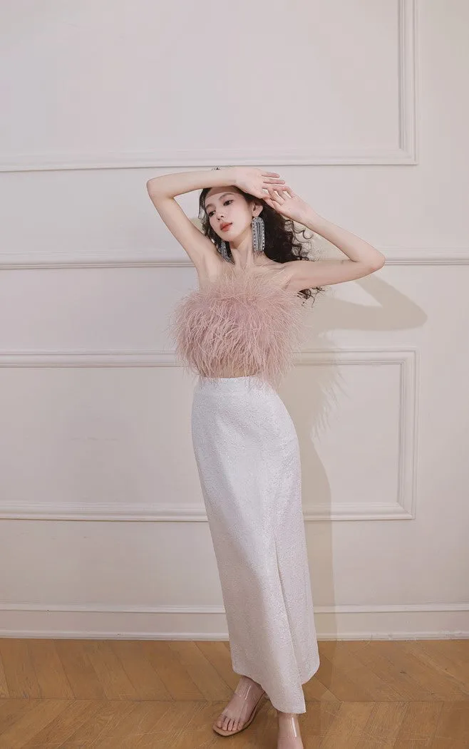 DOLLY Elegant Pink Fluffy Ostrich Feather Chic Tube Top-EMMA