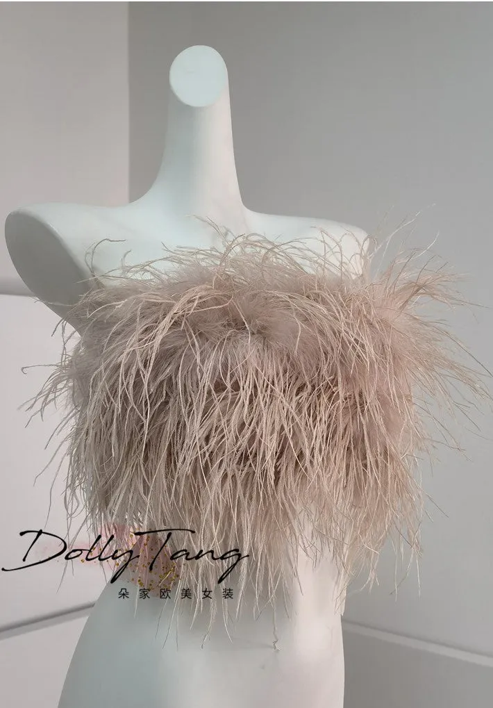 DOLLY Elegant Pink Fluffy Ostrich Feather Chic Tube Top-EMMA