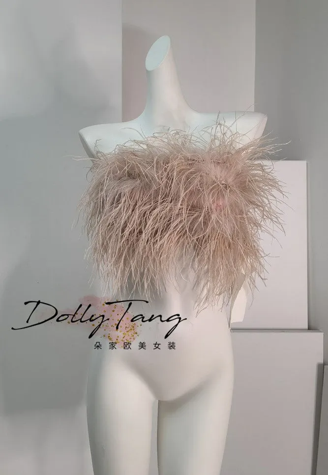 DOLLY Elegant Pink Fluffy Ostrich Feather Chic Tube Top-EMMA