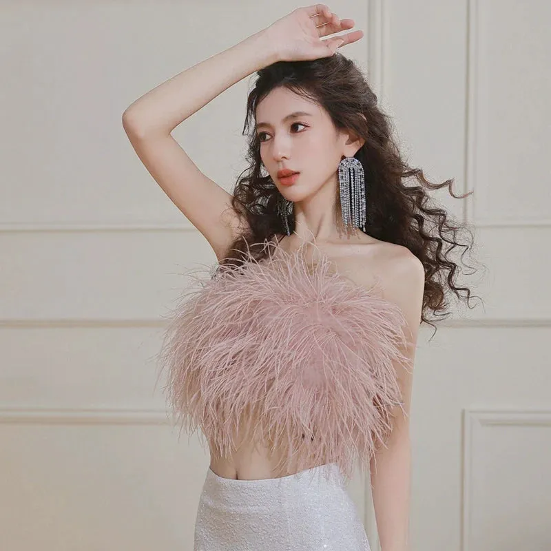 DOLLY Elegant Pink Fluffy Ostrich Feather Chic Tube Top-EMMA