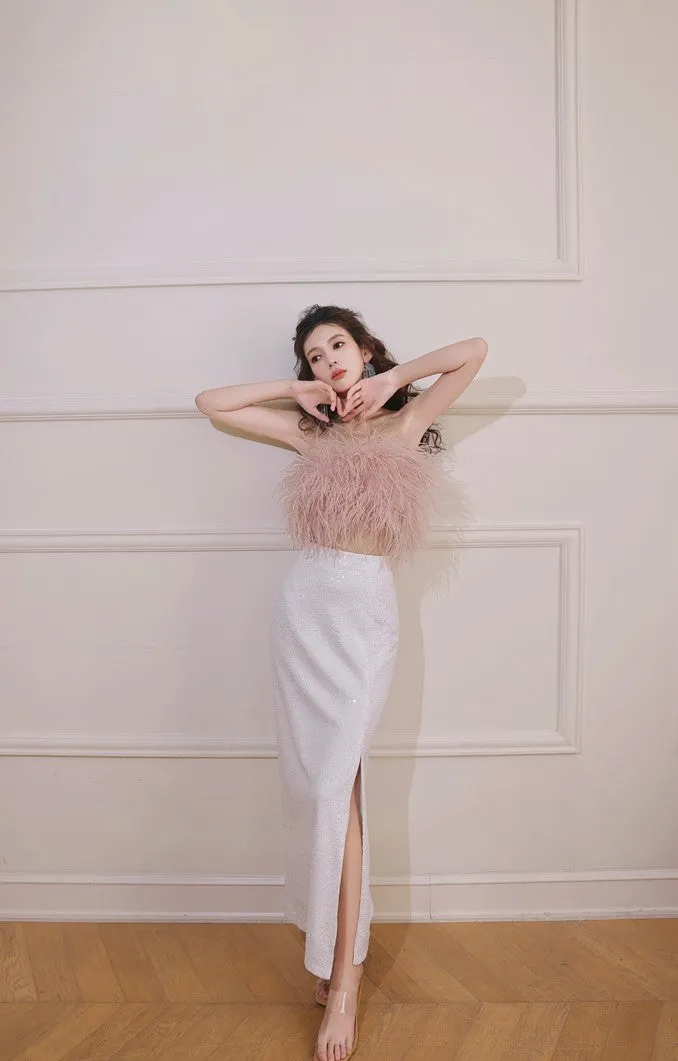 DOLLY Elegant Pink Fluffy Ostrich Feather Chic Tube Top-EMMA