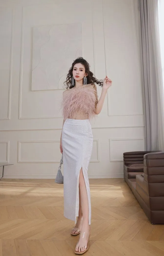 DOLLY Elegant Pink Fluffy Ostrich Feather Chic Tube Top-EMMA