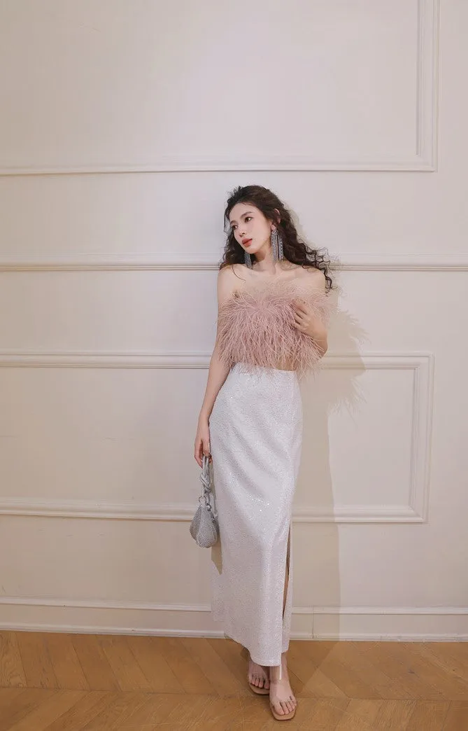 DOLLY Elegant Pink Fluffy Ostrich Feather Chic Tube Top-EMMA