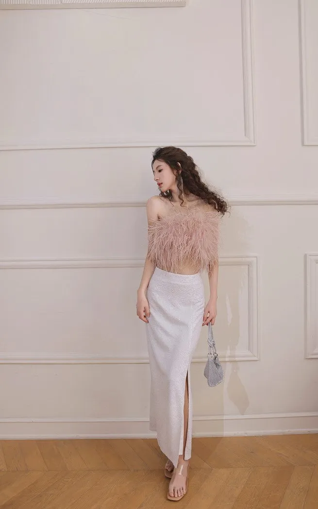 DOLLY Elegant Pink Fluffy Ostrich Feather Chic Tube Top-EMMA