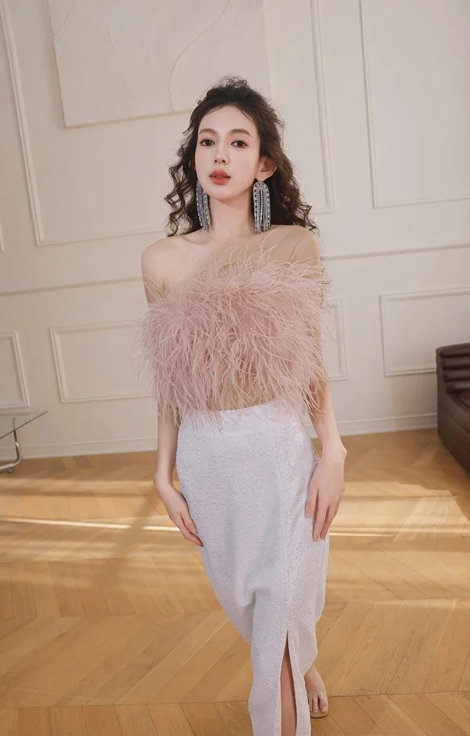 DOLLY Elegant Pink Fluffy Ostrich Feather Chic Tube Top-EMMA