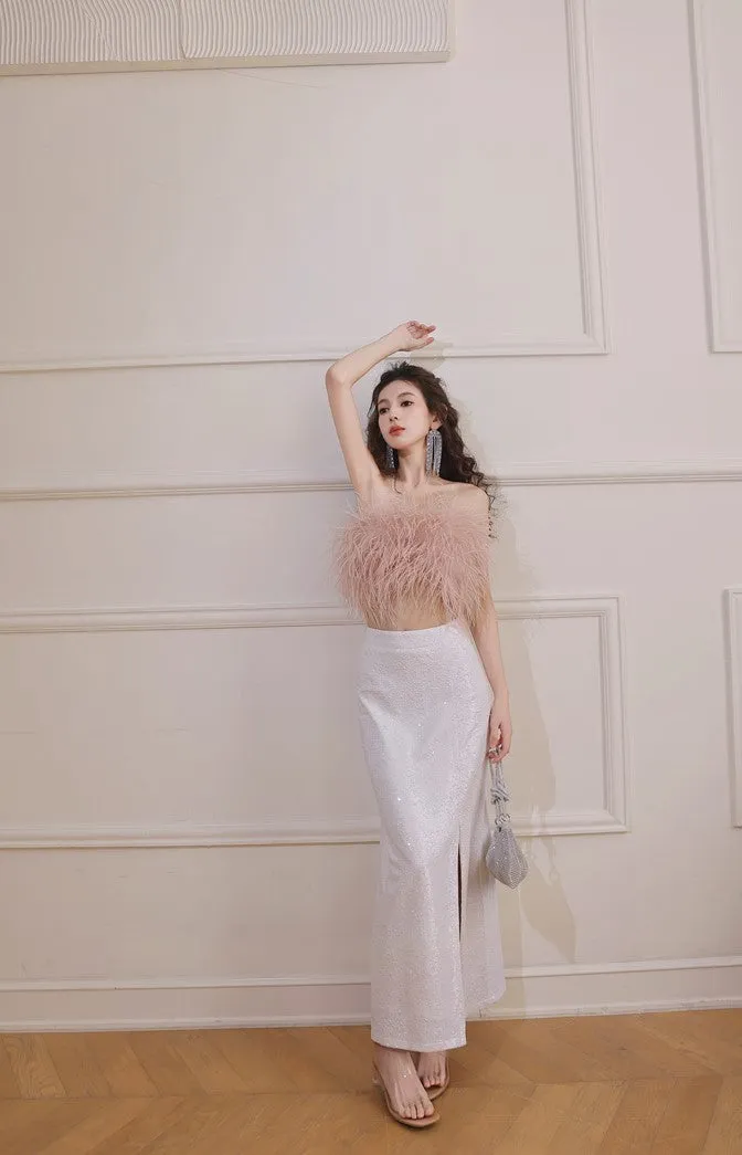 DOLLY Elegant Pink Fluffy Ostrich Feather Chic Tube Top-EMMA