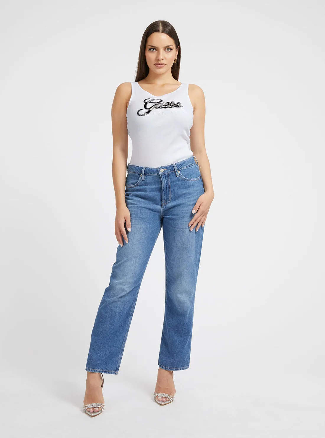 Eco White Rhinestone Logo Tank Top