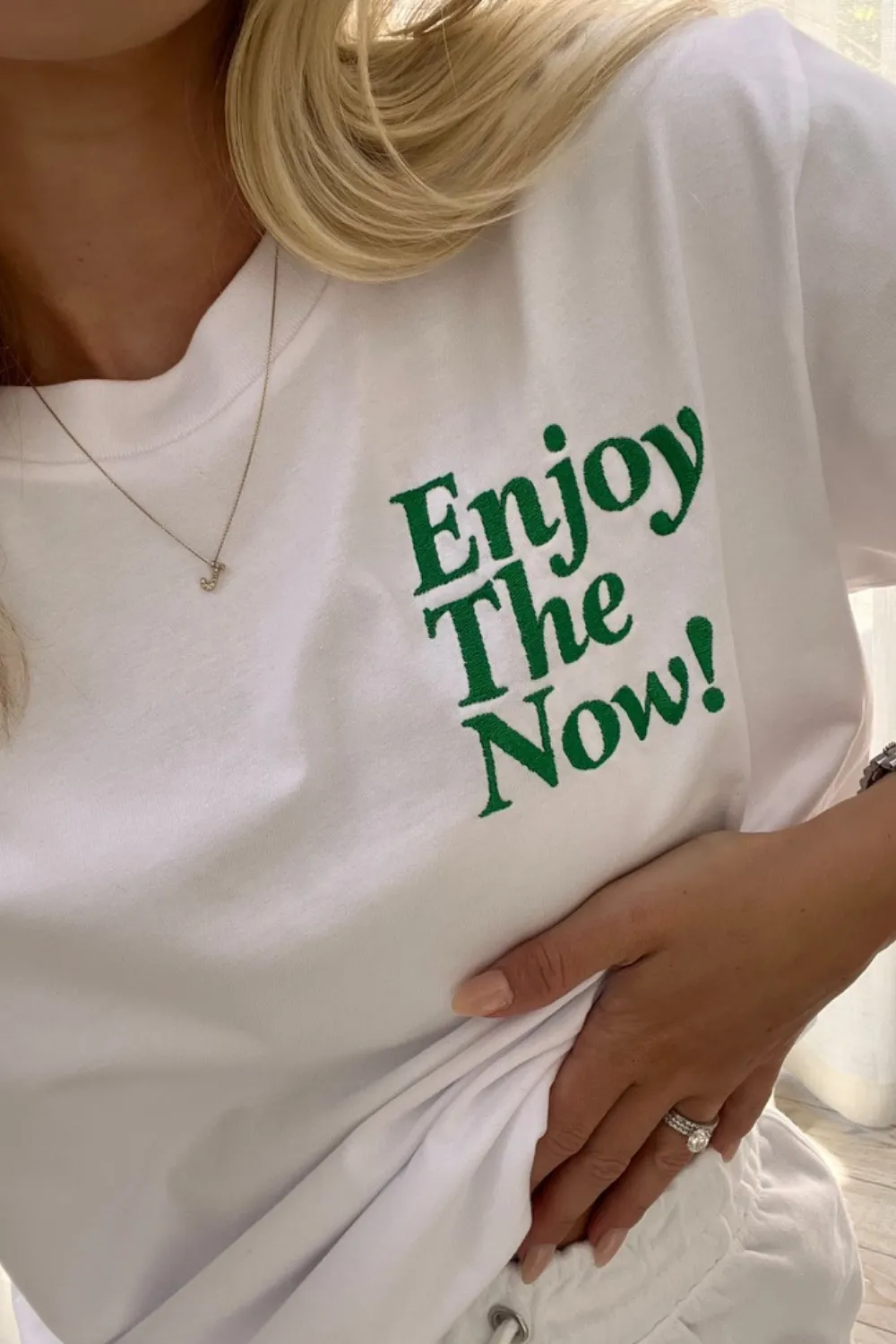enjoy the now green & white embroidered short co-ord