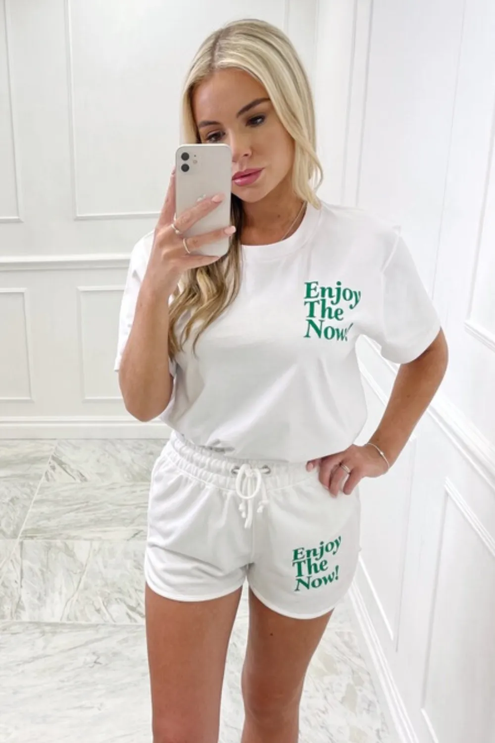 enjoy the now green & white embroidered short co-ord