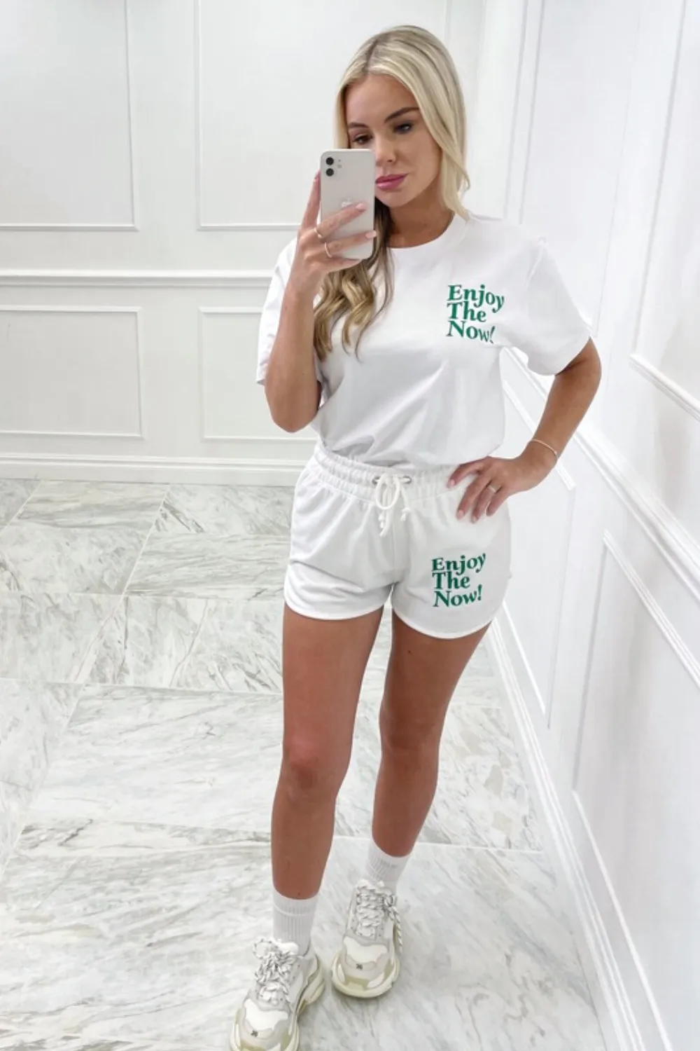 enjoy the now green & white embroidered short co-ord