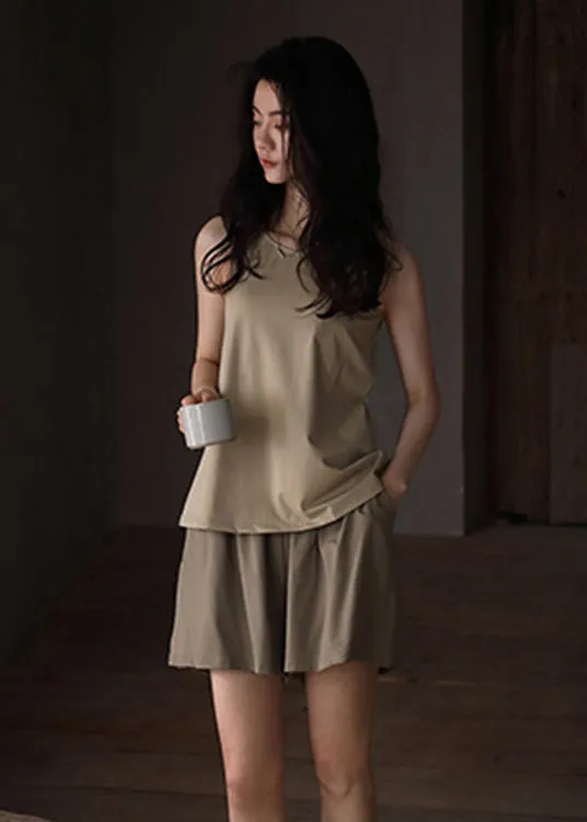 Fine Khaki O-Neck Cozy Cotton Couple Pajamas Two Pieces Set Summer TO1028