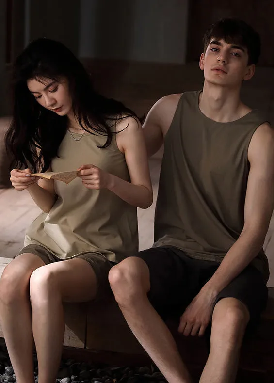 Fine Khaki O-Neck Cozy Cotton Couple Pajamas Two Pieces Set Summer TO1028