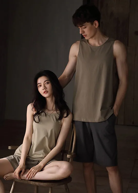Fine Khaki O-Neck Cozy Cotton Couple Pajamas Two Pieces Set Summer TO1028