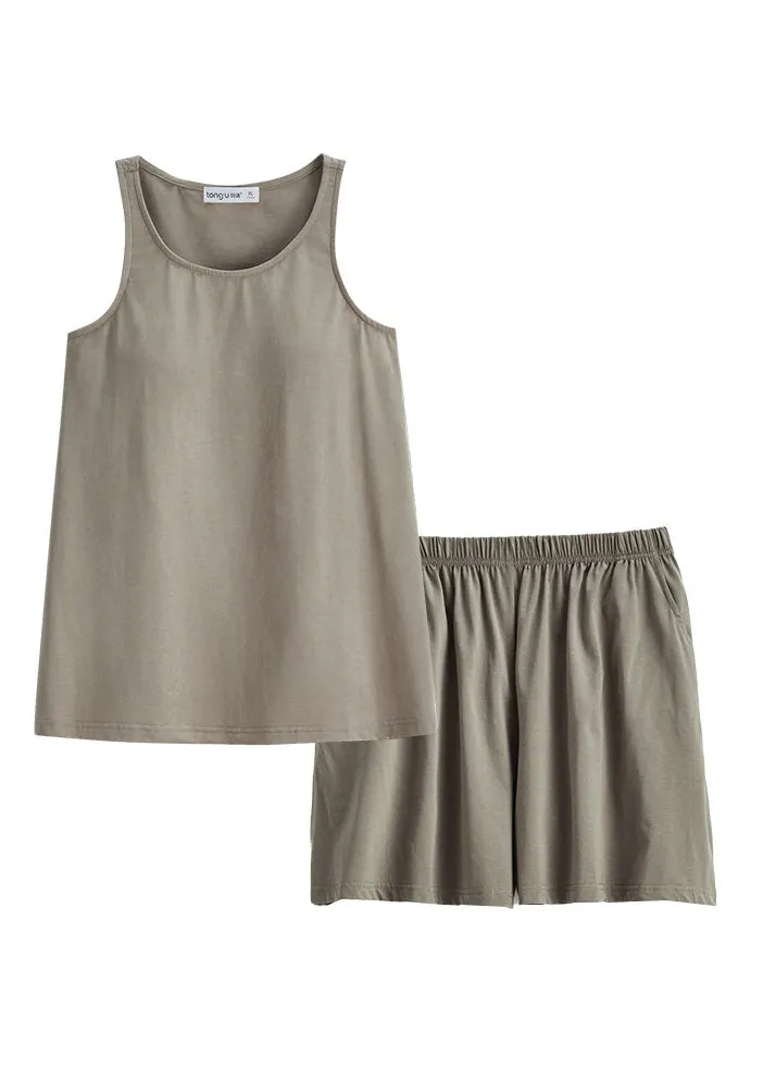 Fine Khaki O-Neck Cozy Cotton Couple Pajamas Two Pieces Set Summer TO1028