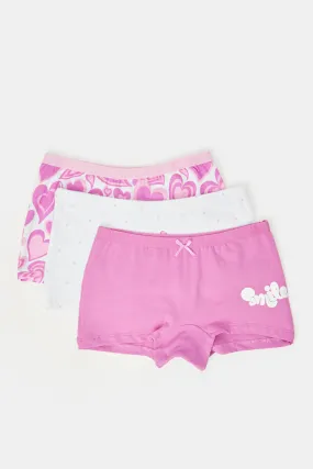 Girls Fuchsia And White Printed Boxer Brief Set (Pack Of 3)