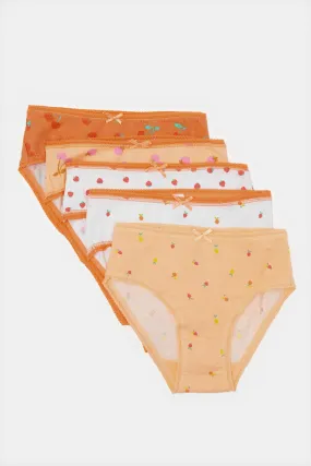Girls Orange And White Printed Brief Set (Pack of 5)