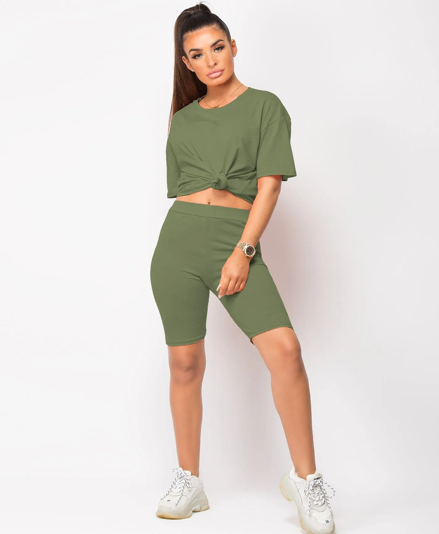 Khaki Cycling Short & T-Shirt Co Ord Loungewear Set