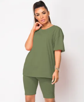 Khaki Cycling Short & T-Shirt Co Ord Loungewear Set