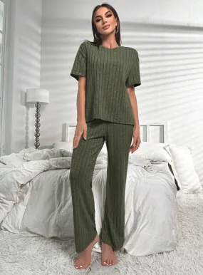 Khaki Green Short Sleeve Loungewear Set