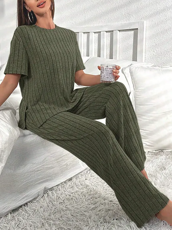 Khaki Green Short Sleeve Loungewear Set