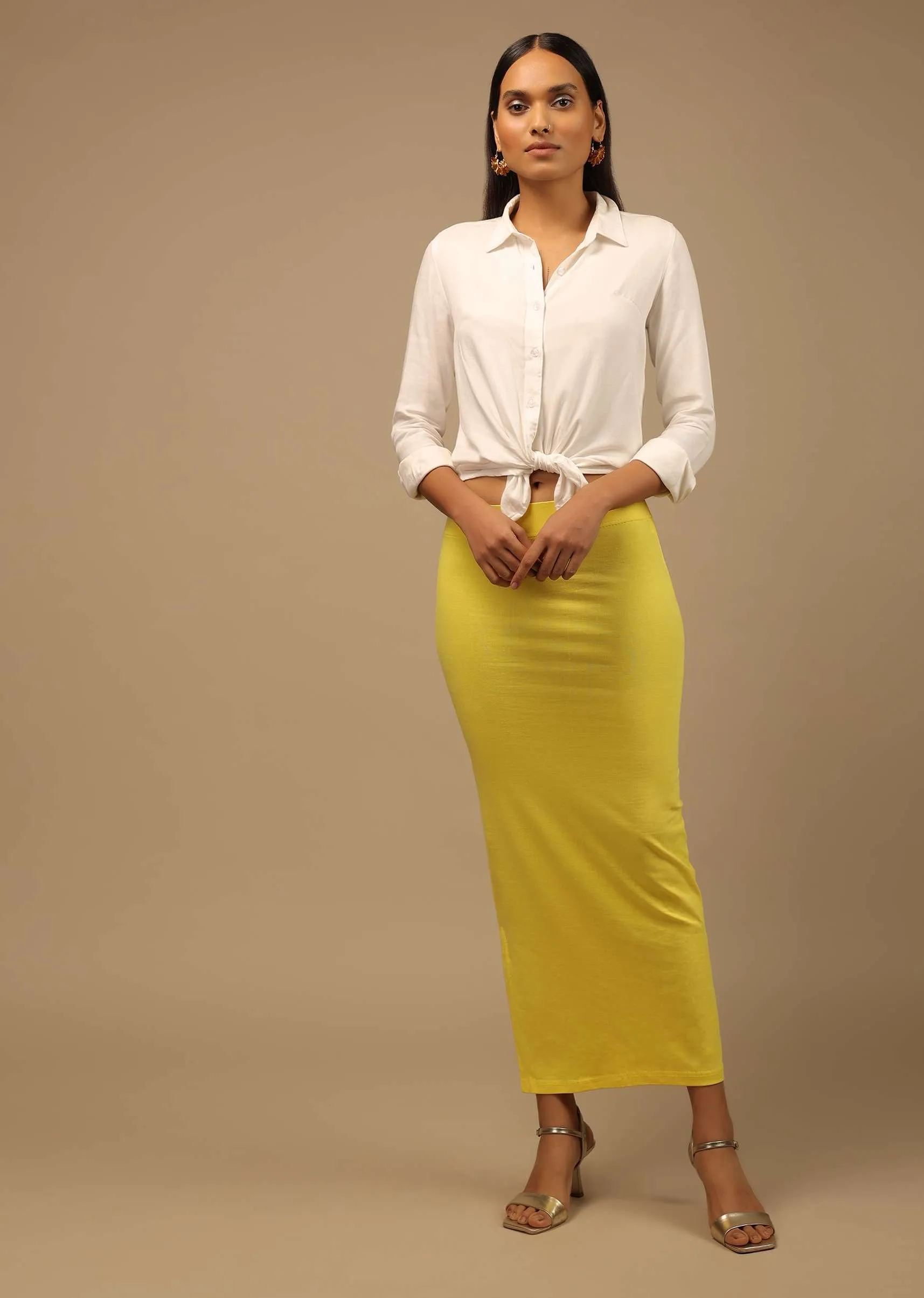 Lemon Yellow Shapewear Saree Petticoat In Cotton Lycra With Elastic Waistband And Slit
