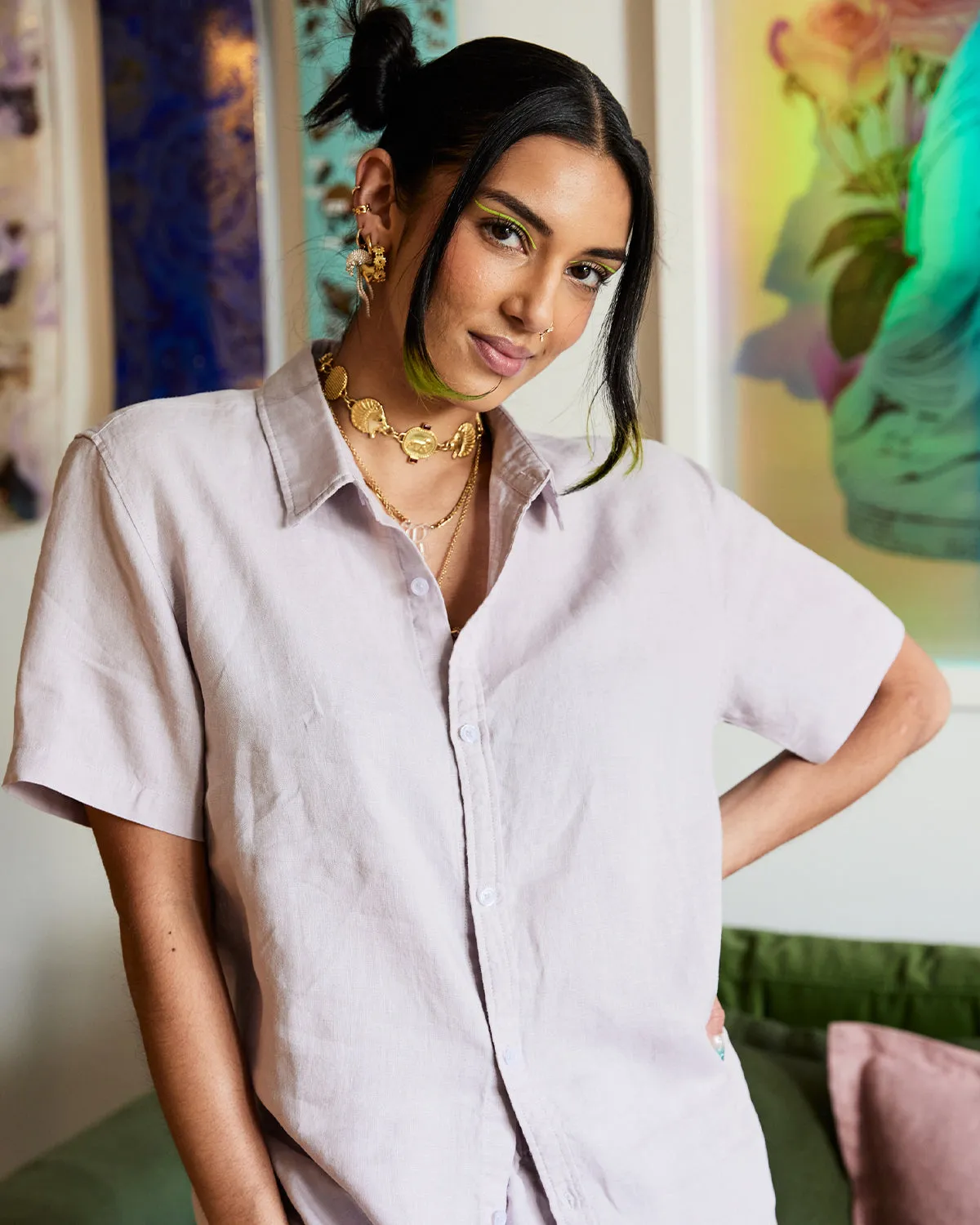Lilac 100% French Flax Linen Short Sleeve Shirt