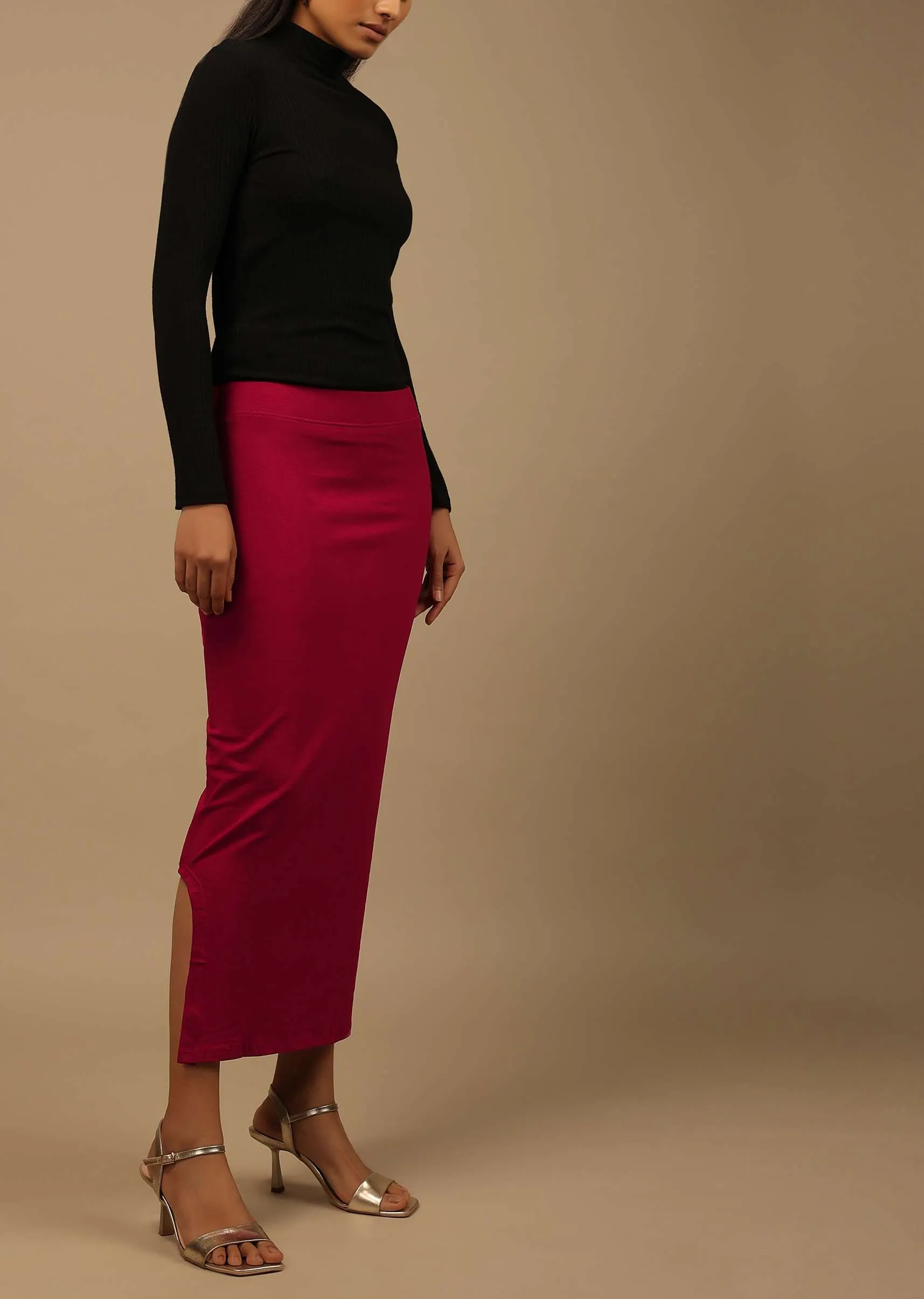 Maroon Shapewear Saree Petticoat In Cotton Lycra With Elastic Waistband And Slit