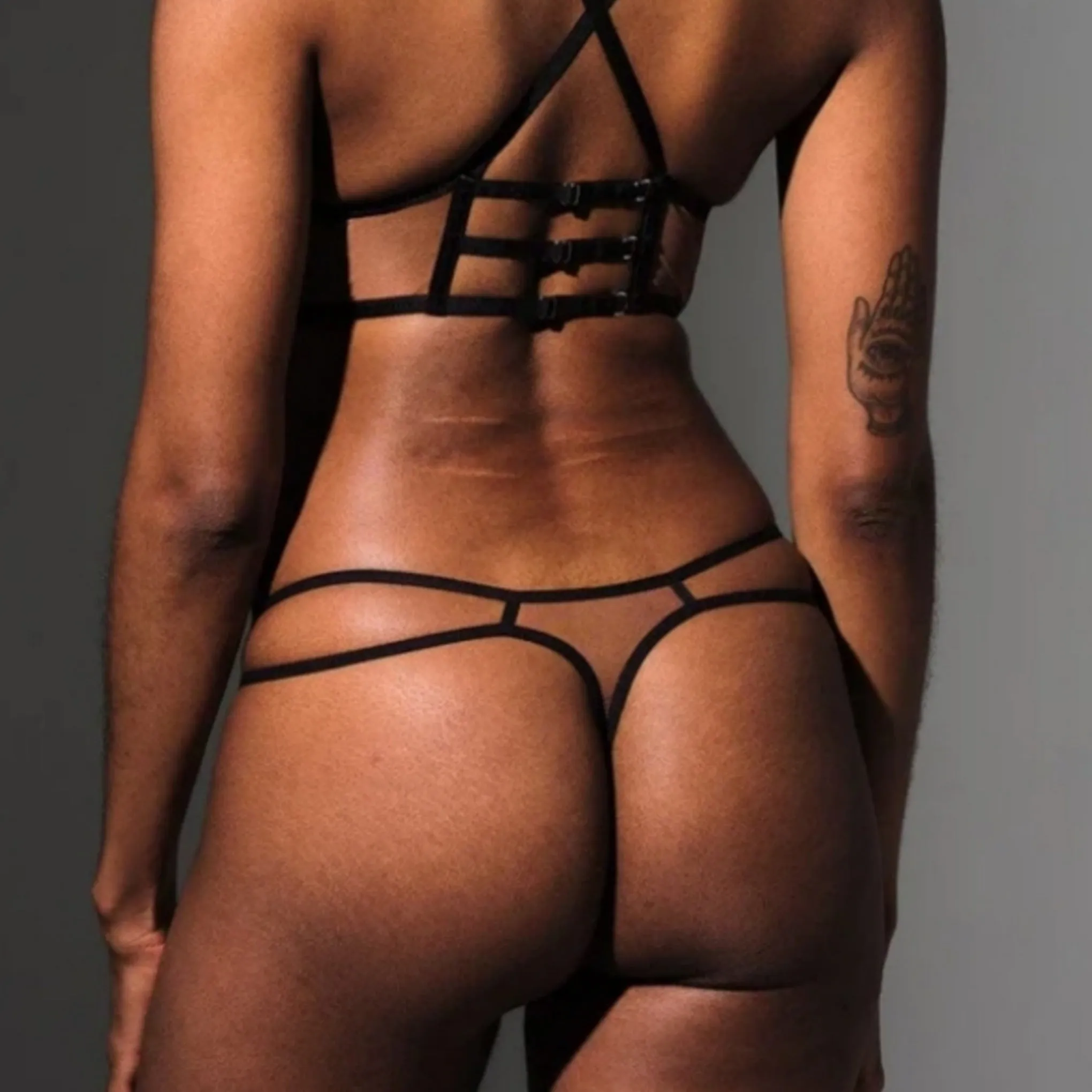Medusa Thong Panty | Doubled Black Straps Embroidered Snakes On front