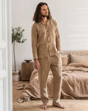 Men's linen loungewear set MONTEREY in Brown windowpane