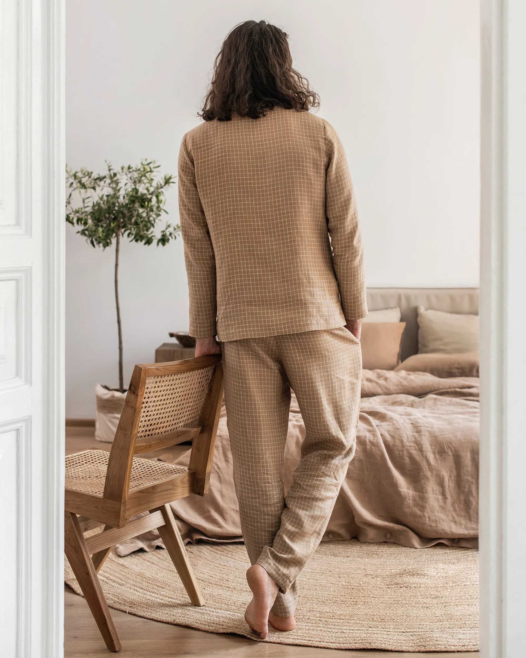 Men's linen loungewear set MONTEREY in Brown windowpane
