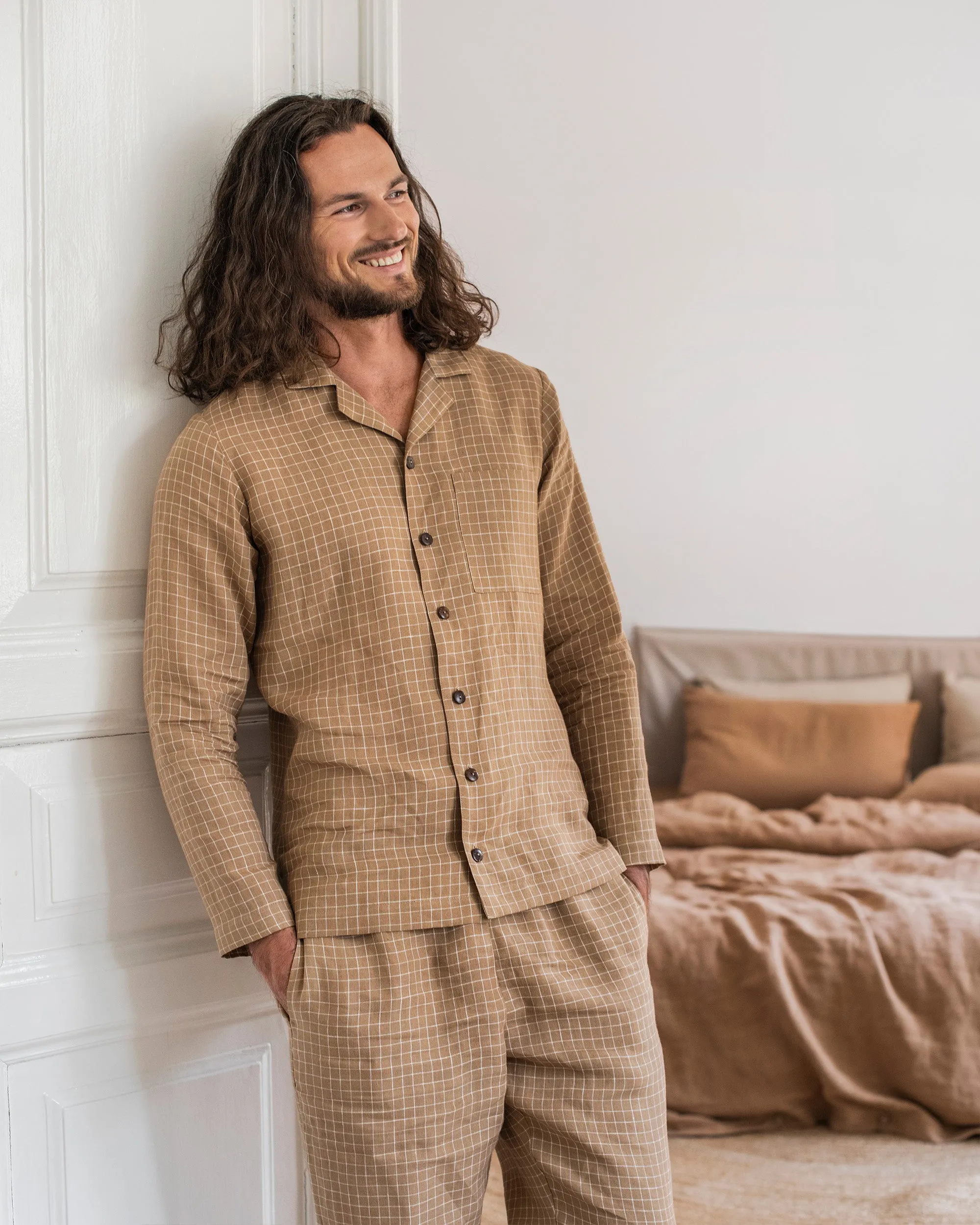 Men's linen loungewear set MONTEREY in Brown windowpane