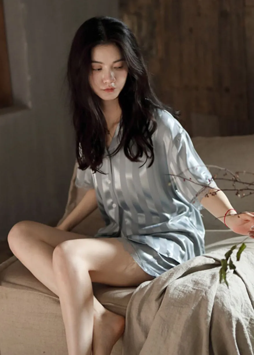 Natural Light Grey Peter Pan Collar Striped Ice Silk Couple Pajamas Two Pieces Set Summer LY2841