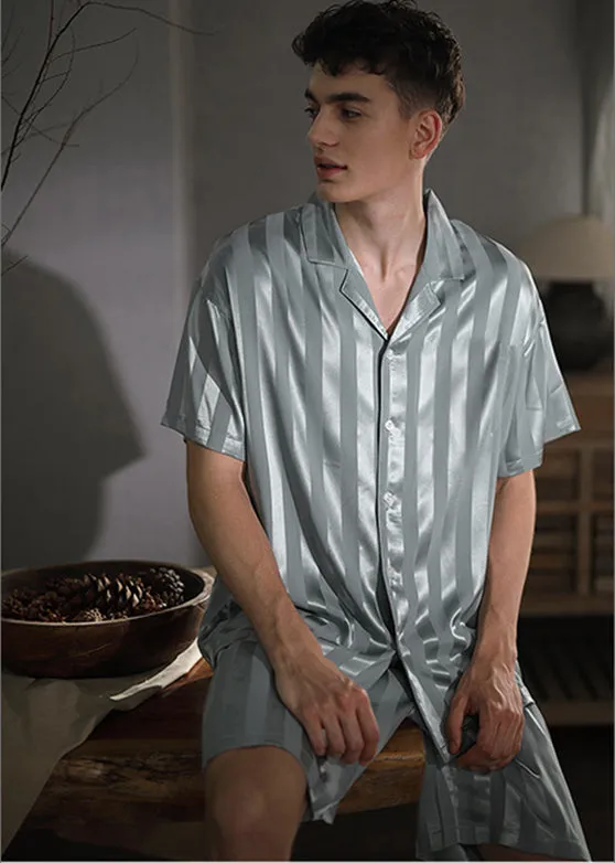 Natural Light Grey Peter Pan Collar Striped Ice Silk Couple Pajamas Two Pieces Set Summer LY2841