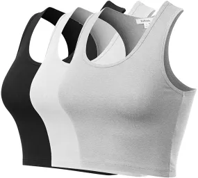 New MixMatchy Women's Cotton Basic Sleeveless Racerback Sports Crop Tank Tops set of 3, Sz L, Black/H.grey/White