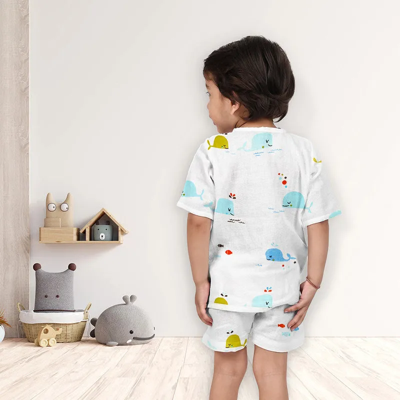 Organic Cotton Muslin Co-Ord Set for Kids | Unisex | Shirt & Shorts | Blue Whale Printed | Blue