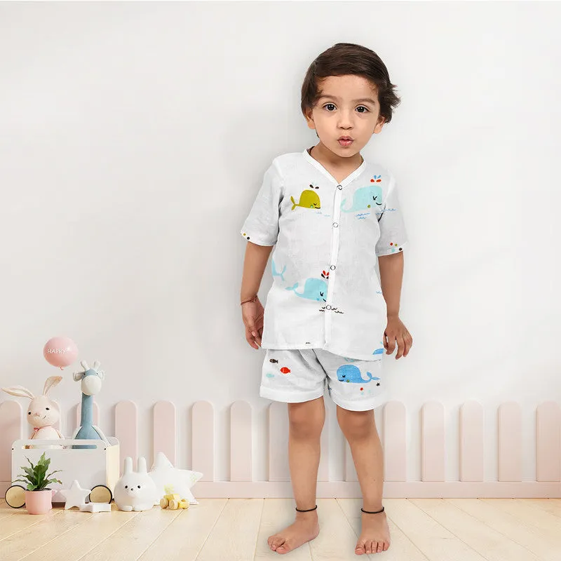 Organic Cotton Muslin Co-Ord Set for Kids | Unisex | Shirt & Shorts | Blue Whale Printed | Blue
