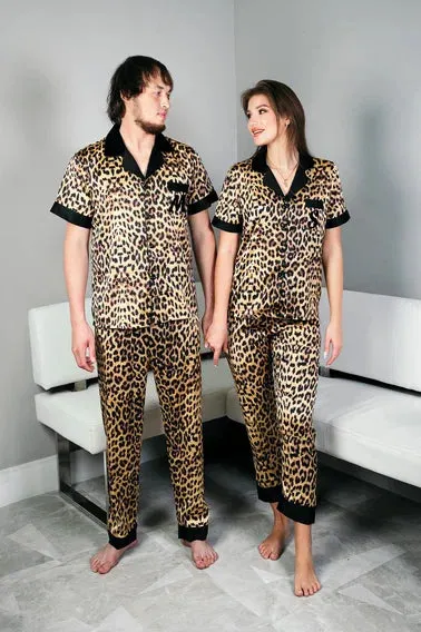 Personalized Leopard Satin Pajamas for Bride and Groom - Script Vinyl