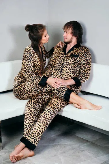 Personalized Leopard Satin Pajamas for Bride and Groom - Script Vinyl