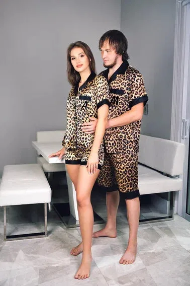 Personalized Leopard Satin Pajamas for Bride and Groom - Script Vinyl