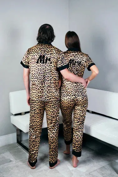 Personalized Leopard Satin Pajamas for Bride and Groom - Script Vinyl