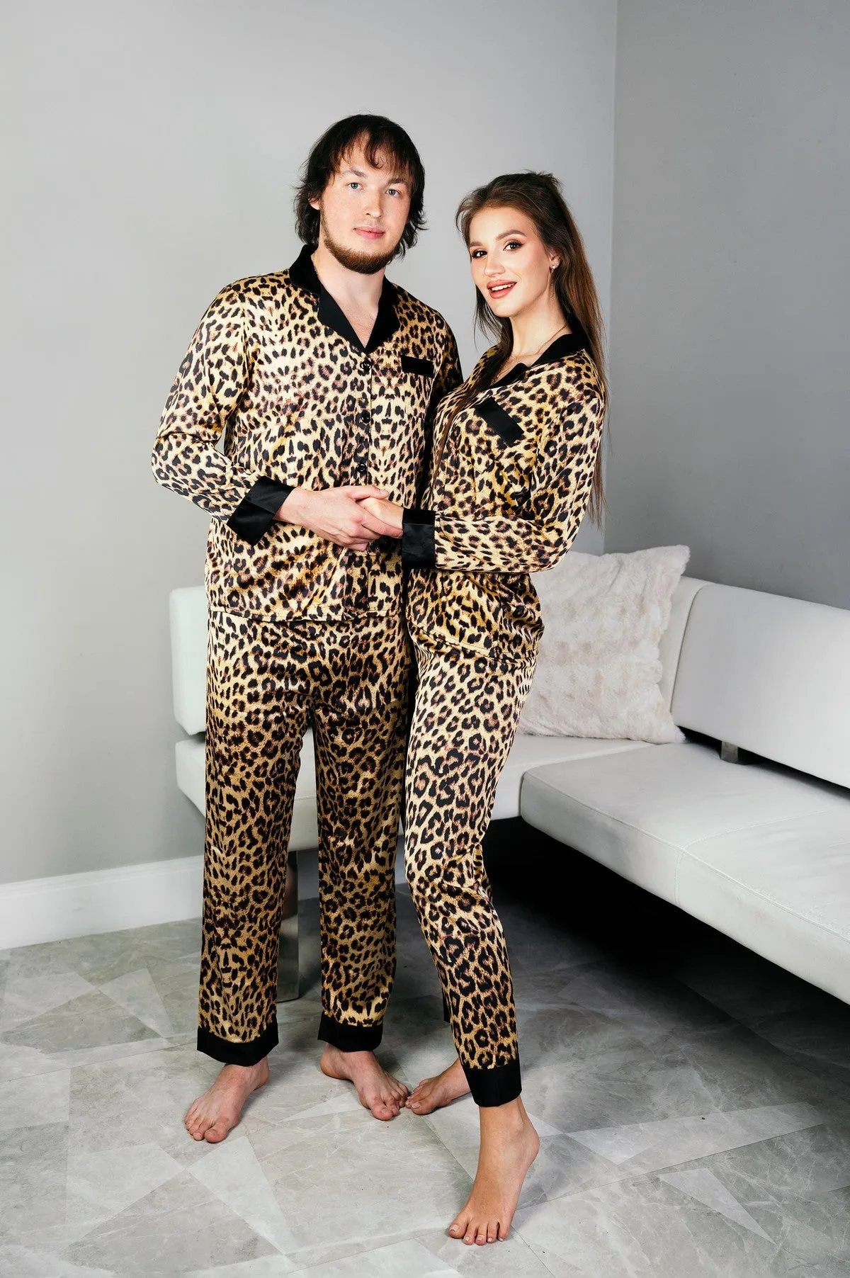 Personalized Leopard Satin Pajamas for Bride and Groom - Script Vinyl