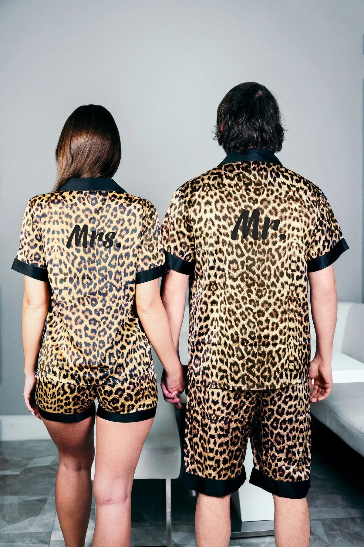 Personalized Leopard Satin Pajamas for Bride and Groom - Script Vinyl