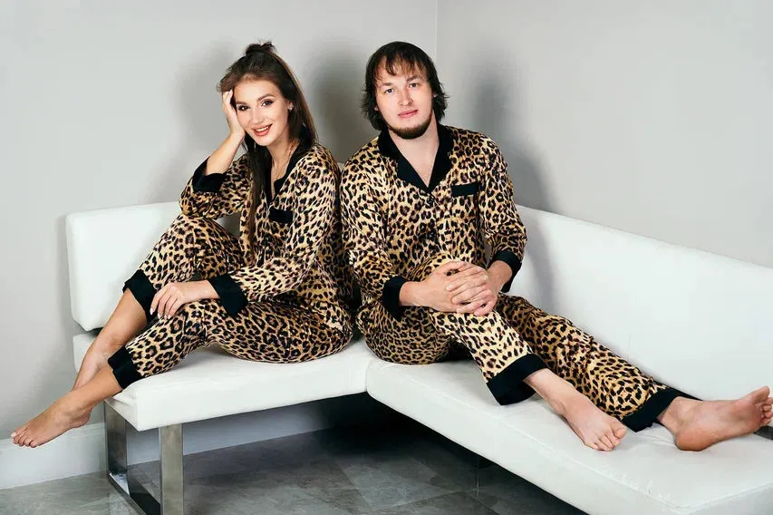 Personalized Leopard Satin Pajamas for Bride and Groom - Script Vinyl