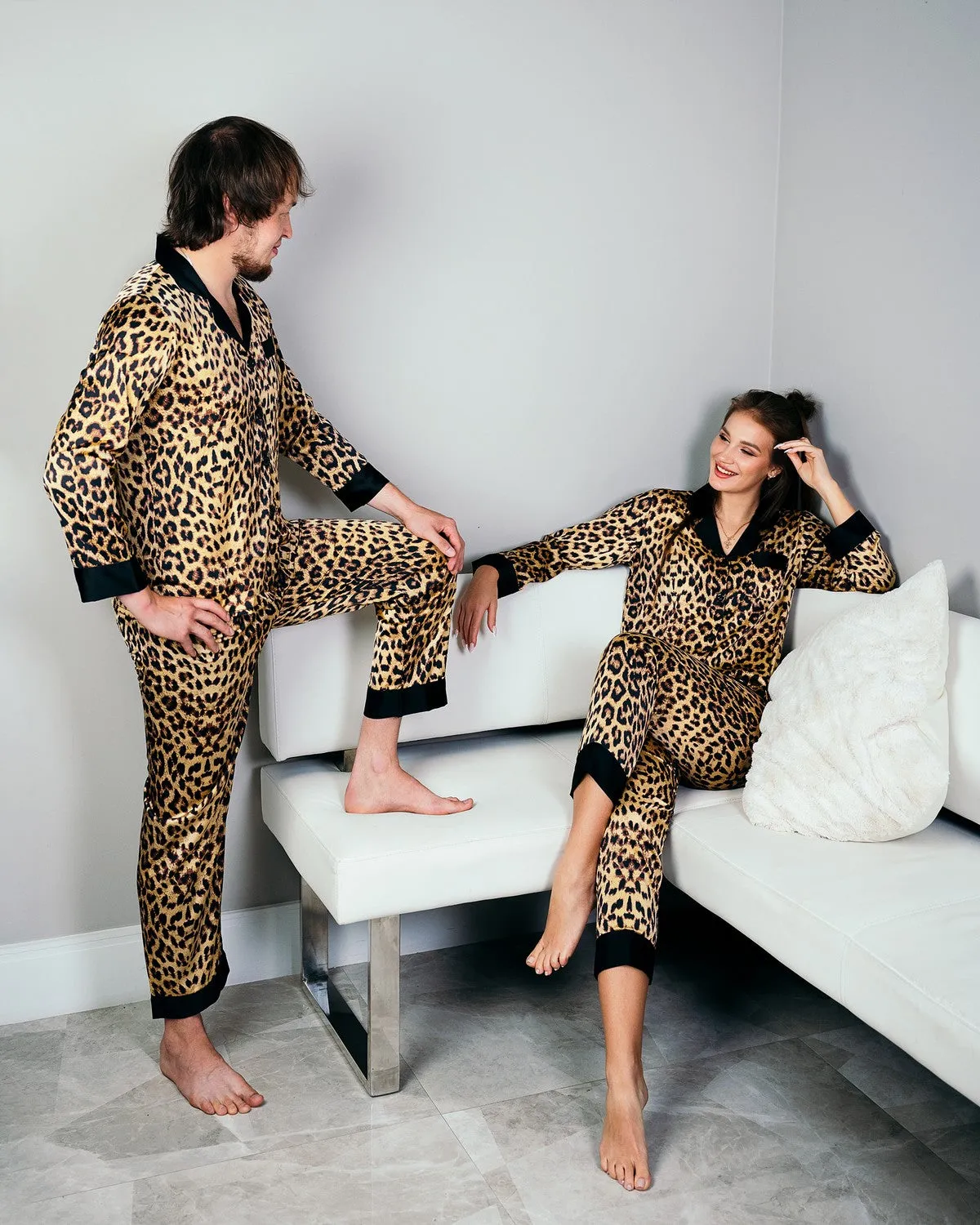 Personalized Leopard Satin Pajamas for Bride and Groom - Script Vinyl